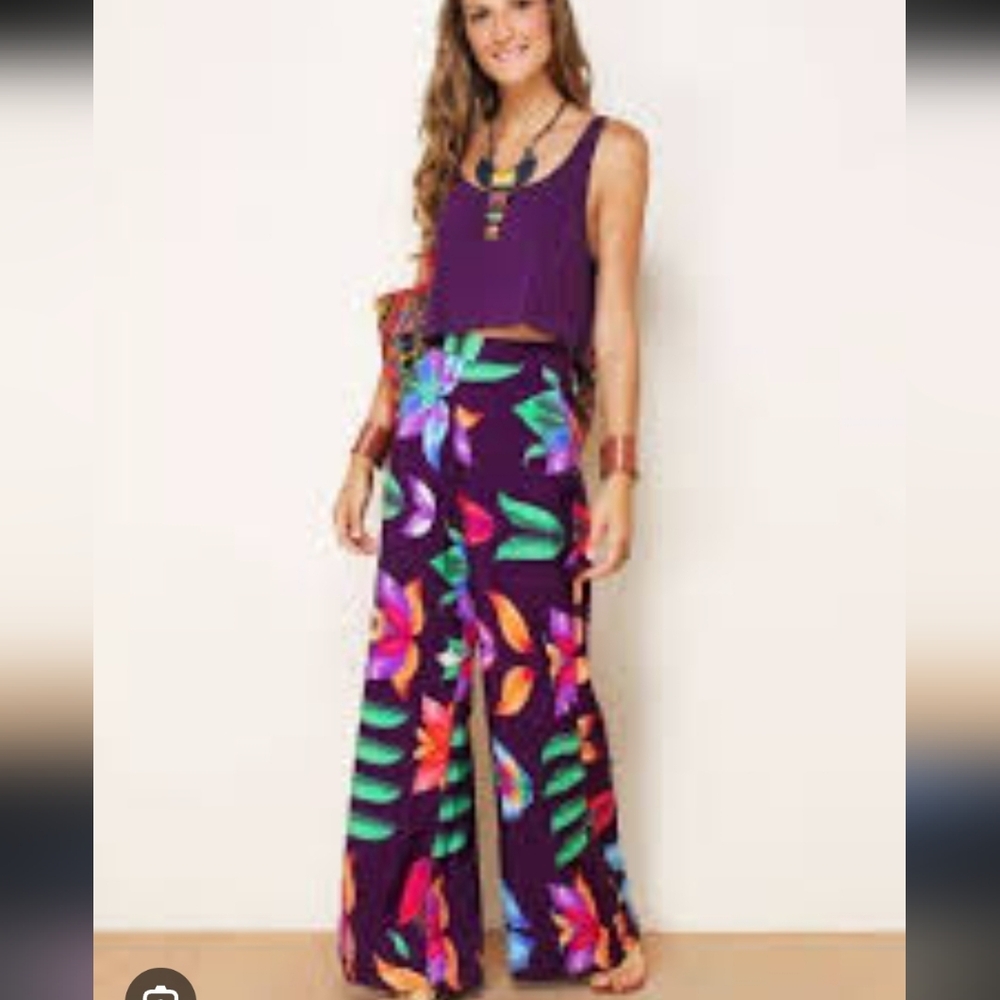 Farm Rio Floral Purple Wide-Leg Pants Size X-Small